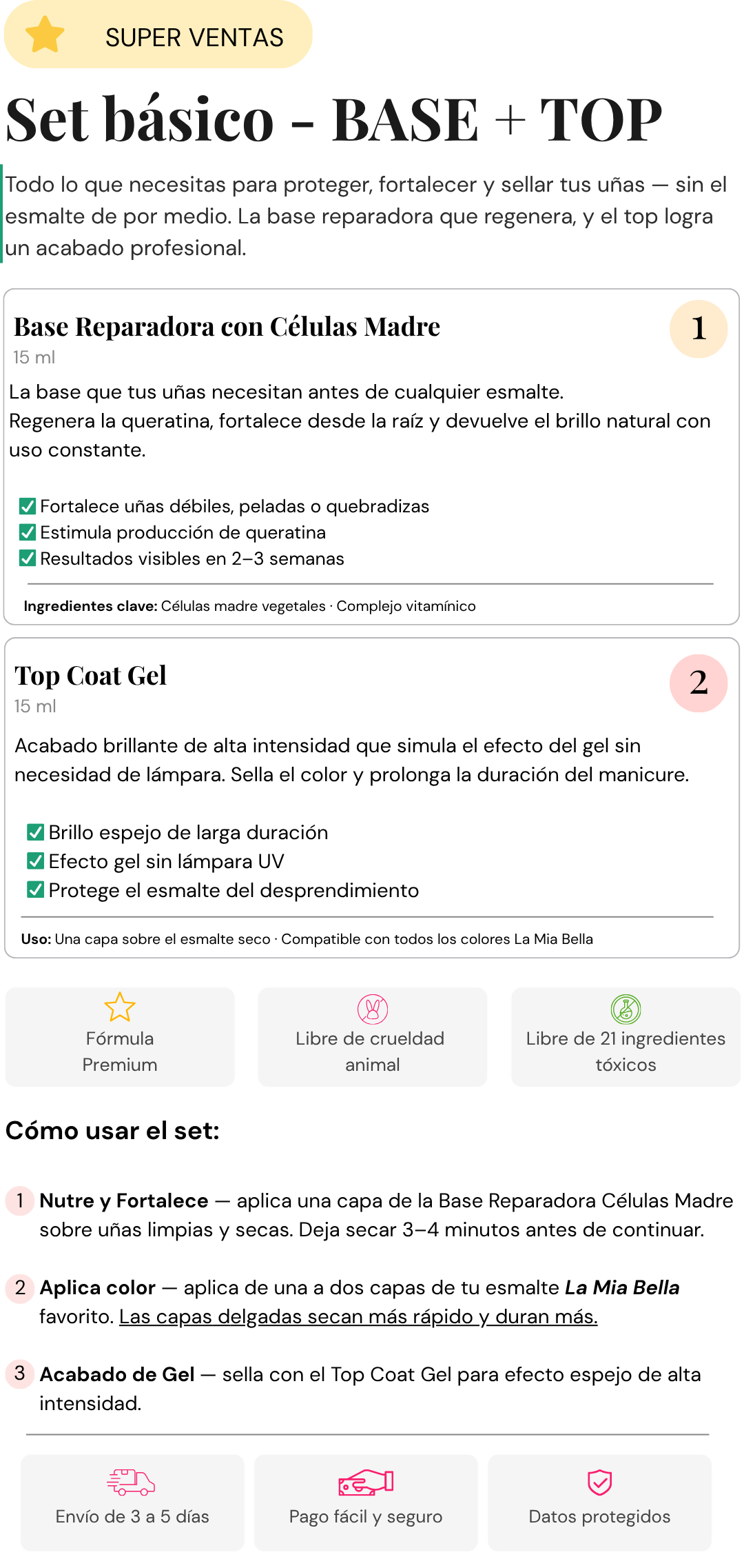 Set Manicure Base + Top Coat Efecto Gel | La Mia Bella